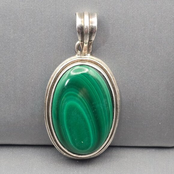 VTG Sterling Silver Malachite Pendant 2" Tiered Bezel Setting Ribbed Bail 15.73g - Picture 1 of 10